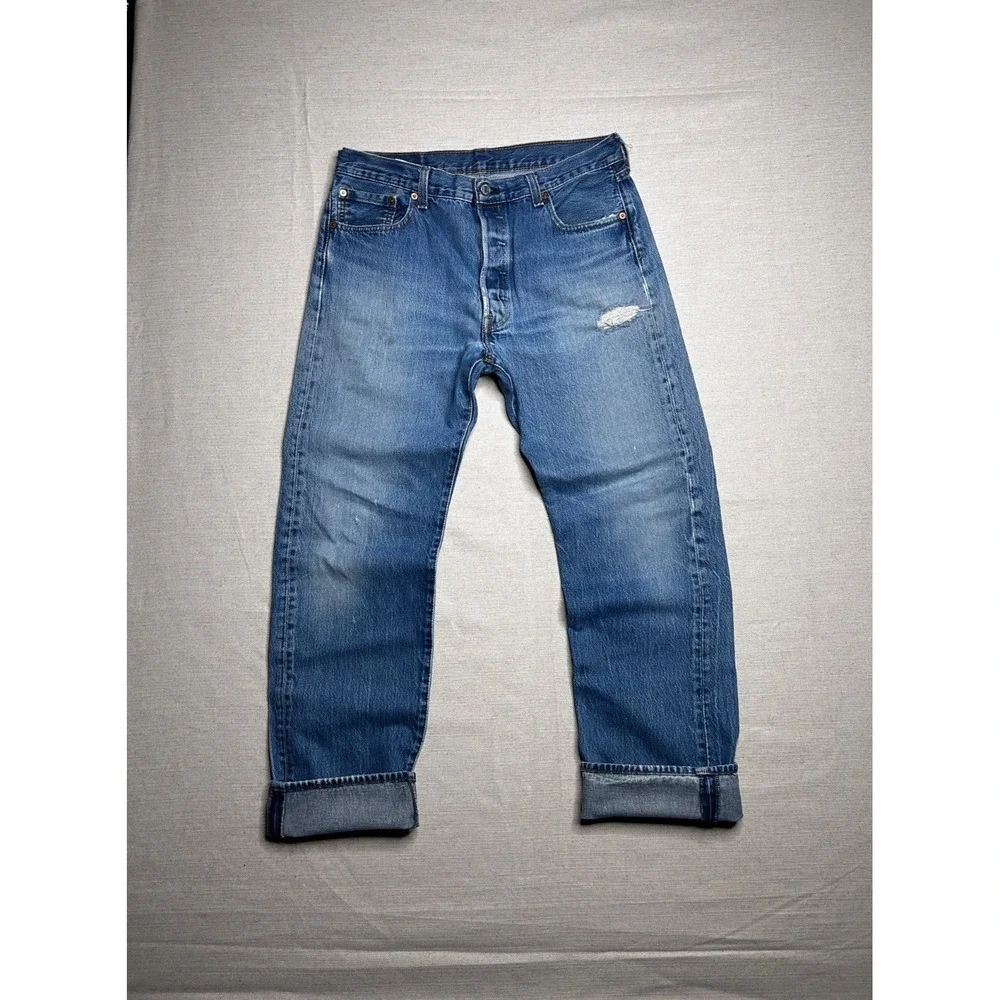 Levis 501 Jeans Mens 36x36 Blue Button Fly Denim Pants Classic Distressed Faded